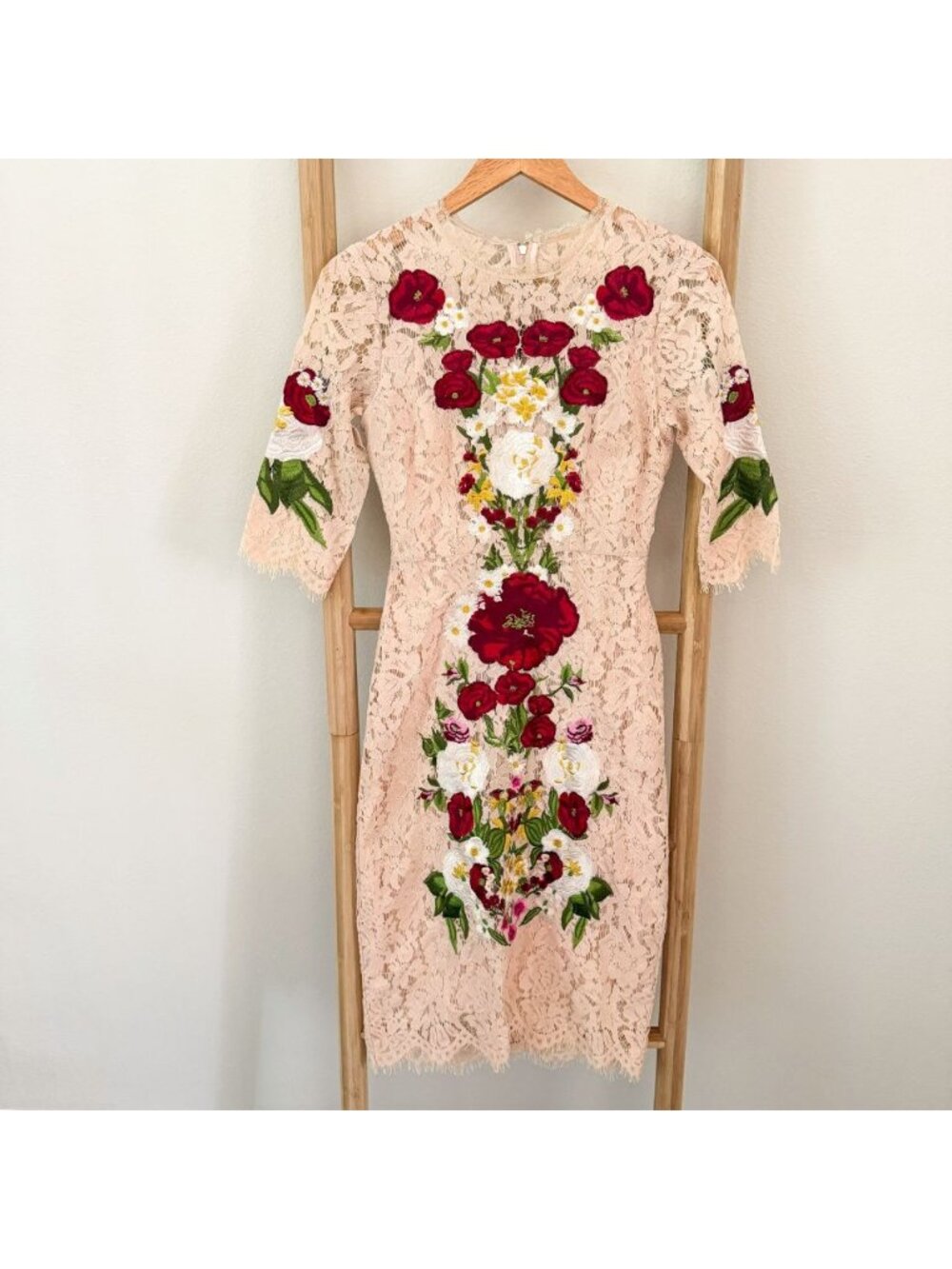 Made in Italy Floral Embroidered Lace Sheath Dress Silk Blend Midi Cream Size S